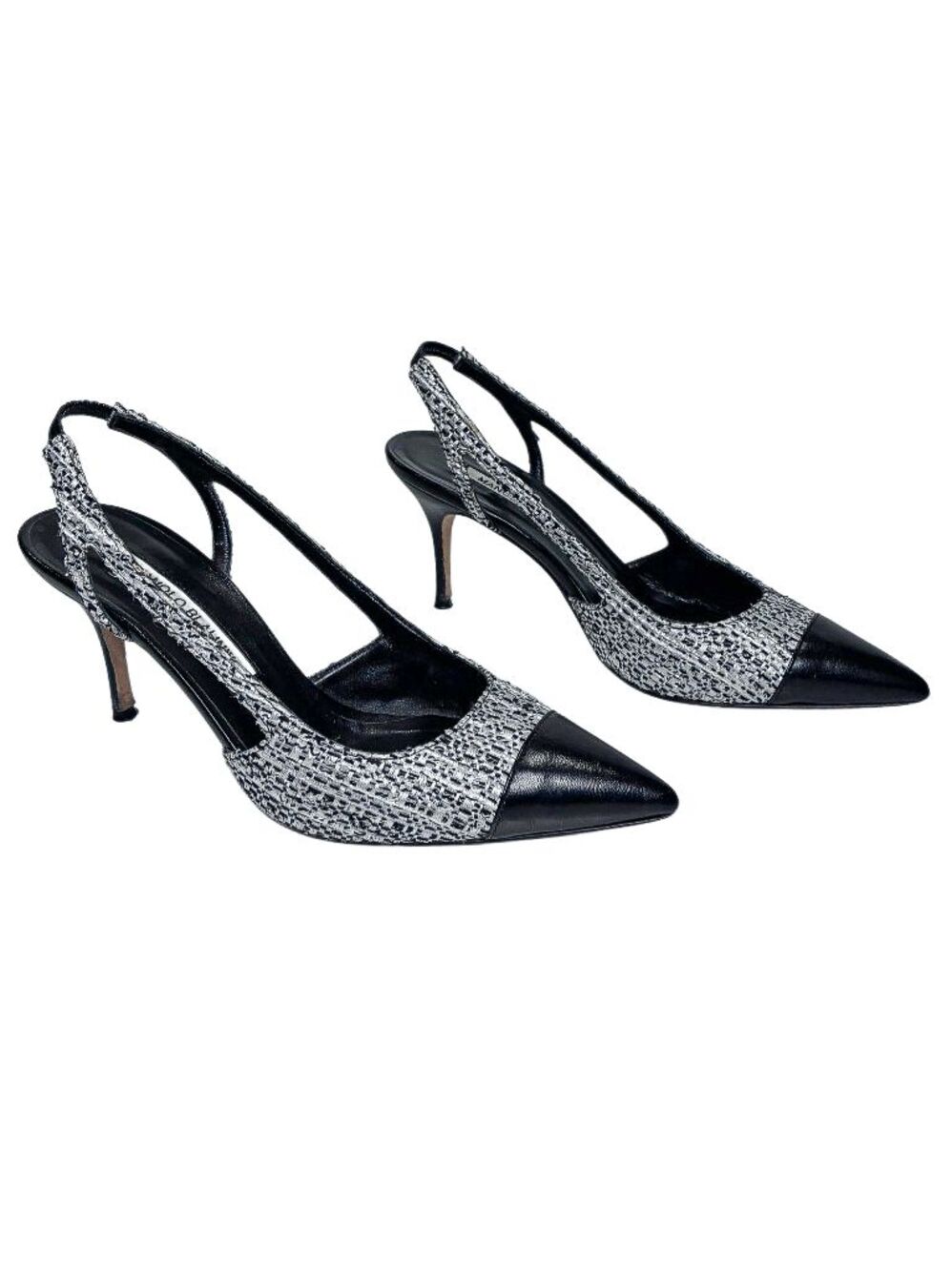 Manolo Blahnik Tweed Slingback Pumps Silver Black White Cap Toe EU 36 Heels